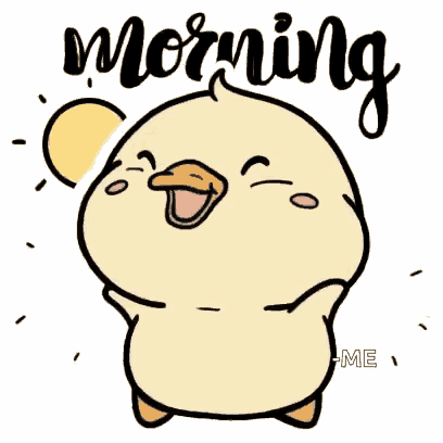 a cartoon duck is standing in front of a sun and saying morning .