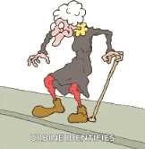 a cartoon of an elderly woman with a cane walking down a sidewalk .