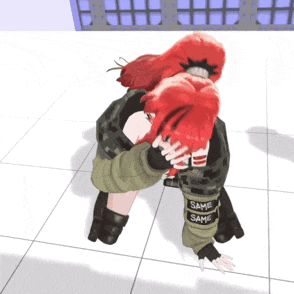 a girl with red hair is hugging another girl with same same written on their sleeves