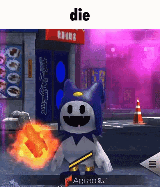 a cartoon character is holding a sword in front of a sign that says die