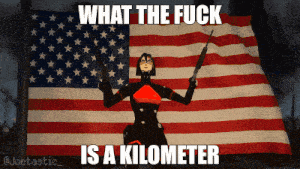 a woman holding a gun in front of an american flag with the words what the fuck is a kilometer below her