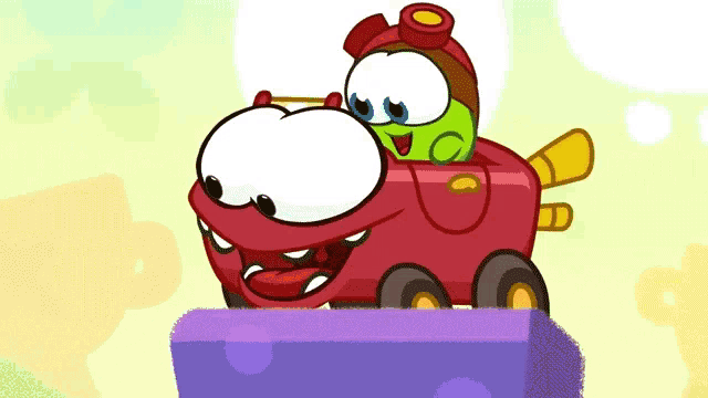 a cartoon character is driving a red car with a green character on the back