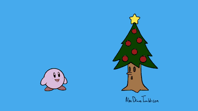 a cartoon drawing of kirby and a christmas tree with the words aka drive tumblr.com written below it