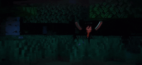 a cartoon character is standing in a dark room with a green background