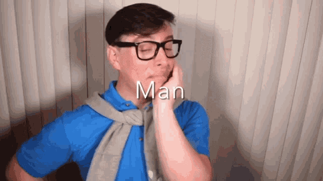 a man wearing glasses and a blue shirt has the word man above him