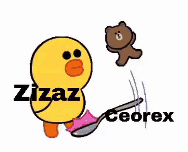 a cartoon duck is standing next to a brown bear with a spoon in its mouth .
