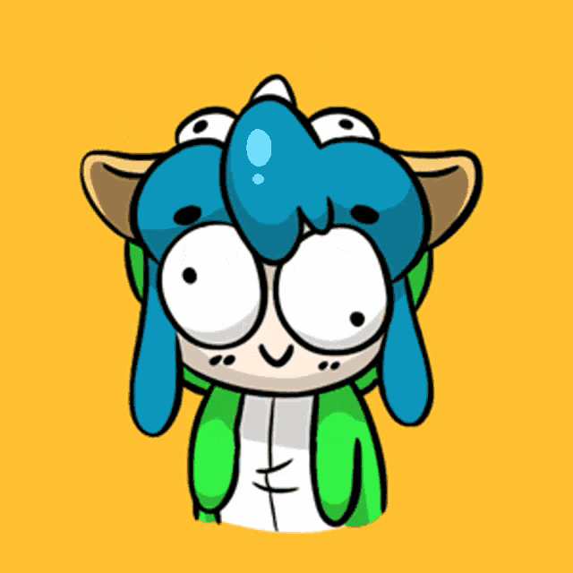 a cartoon character with blue hair and green ears is smiling on a yellow background