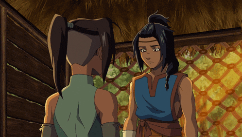 two cartoon characters are standing next to each other and looking at each other