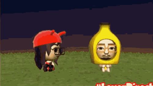 a girl in a red hat is standing next to a bottle with a face on it