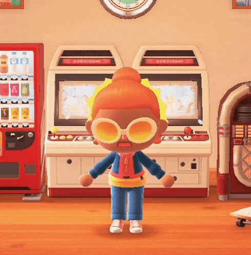 a video game character wearing sunglasses stands in front of a jukebox and a vending machine that says ' sudogame '
