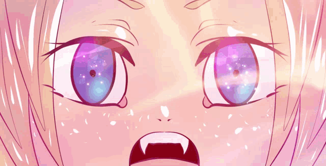 a close up of a girl 's face with a purple eye