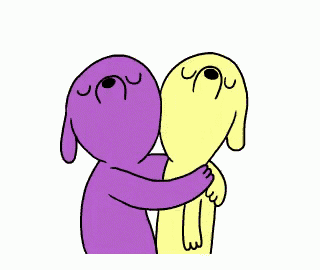 two cartoon characters , one purple and one yellow , are hugging each other .