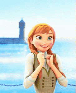 anna from frozen is smiling in front of a body of water with a lighthouse in the background