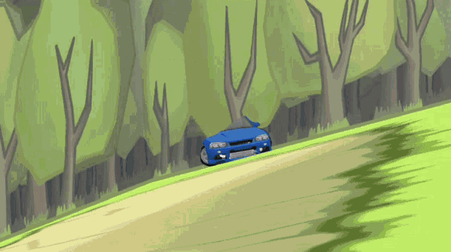 a blue car is driving down a dirt road in a forest