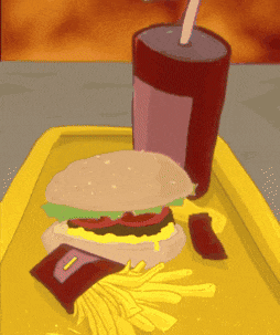 a cartoon of a hamburger french fries and a drink on a yellow tray