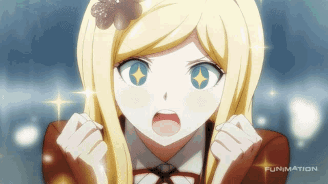 a blonde anime girl with blue eyes and a flower in her hair has funimation written on the bottom right