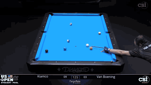 a man is playing pool on a blue diamond pool table