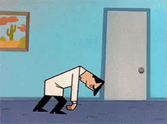 a cartoon man is doing a handstand in a room