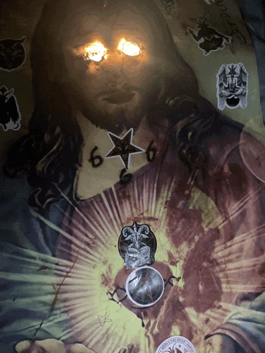 a painting of jesus with a sticker that says 666 on it