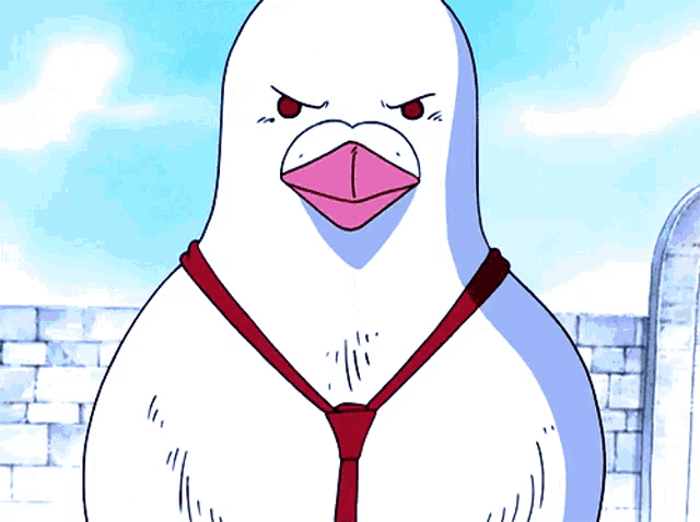 a cartoon bird wearing a red tie with its mouth wide open