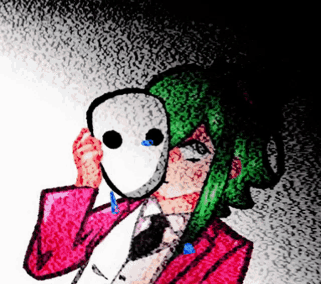 a drawing of a girl with green hair and a white mask on her face