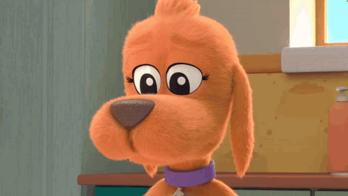 a cartoon dog wearing a purple collar looks sad