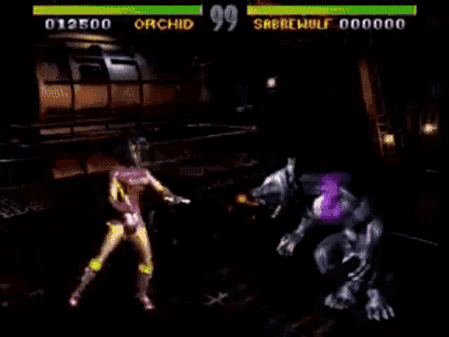 a video game screen shows a woman fighting a werewolf with the number 99 on it