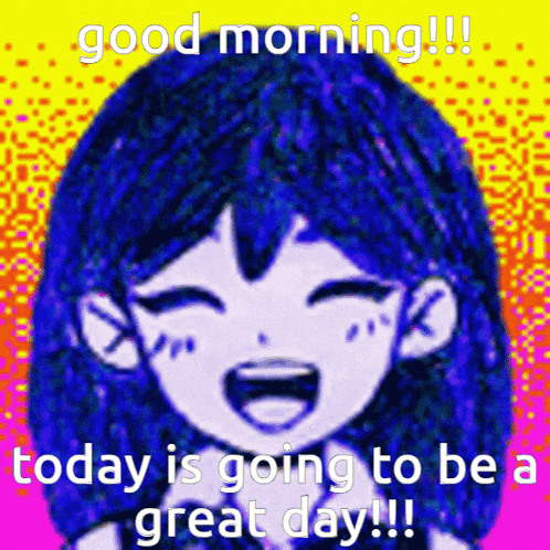 a girl with blue hair is smiling and says good morning today is going to be a great day !!!