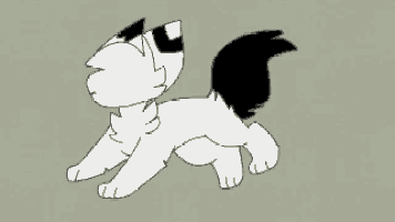 a black and white cartoon cat is standing on its hind legs on a grey background .
