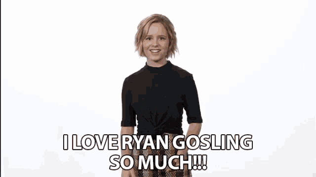 a man and a woman are standing next to each other and the woman is saying i love ryan gosling so much