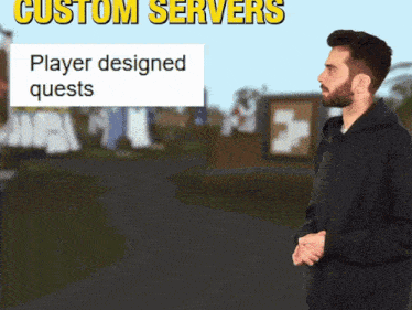a man standing in front of a sign that says custom servers player designed quests