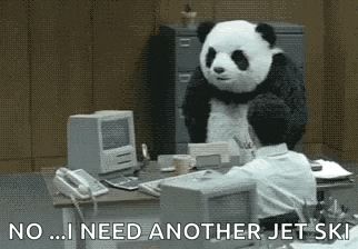 a panda bear is standing next to a man sitting at a desk in an office .
