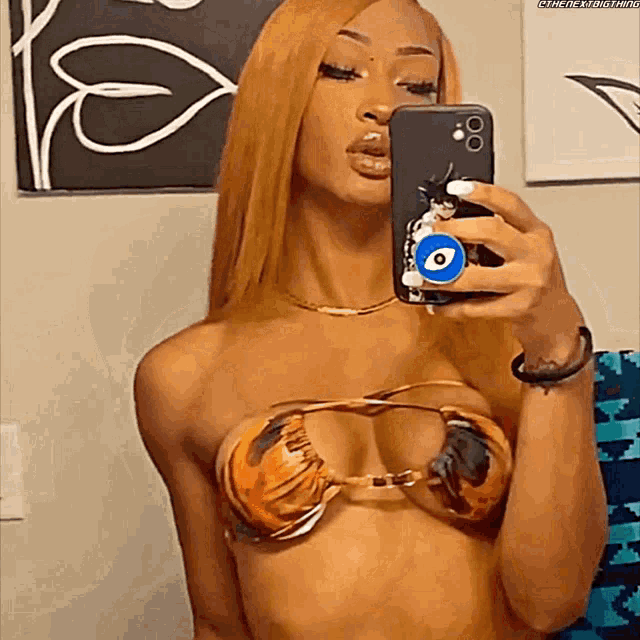 a woman in a bikini is taking a selfie with her phone .