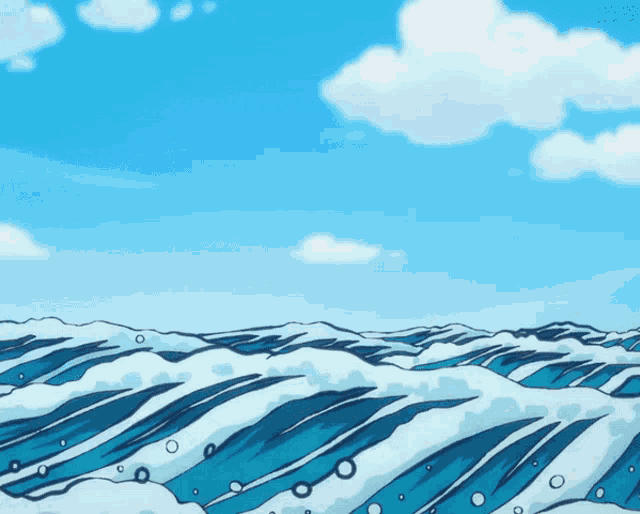 a cartoon illustration of a large body of water with a blue sky in the background