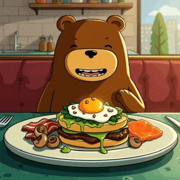 a cartoon bear is sitting at a table with a plate of food on it