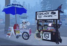 a fantasy mart cart with a blue umbrella next to it