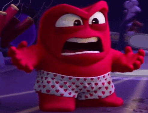 a red cartoon character with hearts on his underwear is angry