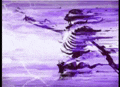 a purple painting of a skeleton holding a sword .