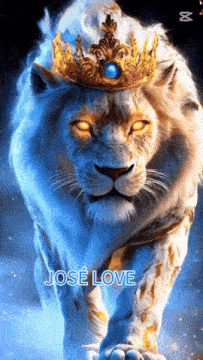a white lion with a crown on its head and jose love written below it