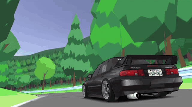 a mitsubishi car is driving down a road in a cartoon