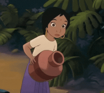 a cartoon girl in a white shirt and purple skirt is holding a large vase