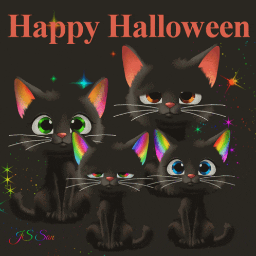 a happy halloween greeting card with black cats with rainbow ears