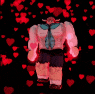 a cartoon character is surrounded by hearts on a red background
