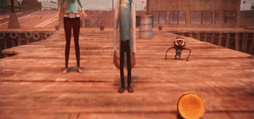a man and a woman are standing on a wooden dock