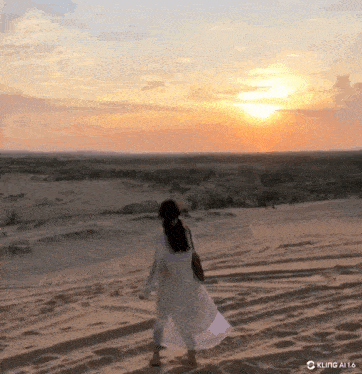 a woman in a white dress is standing on a sand dune at sunset