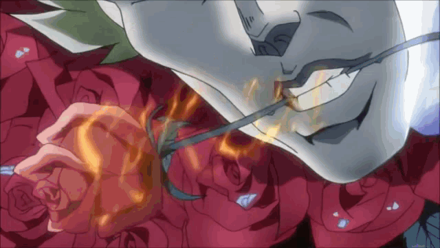 a cartoon character is holding a rose in his mouth