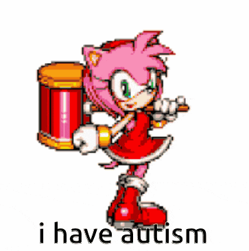 amy rose from sonic the hedgehog is playing a drum and says i have autism