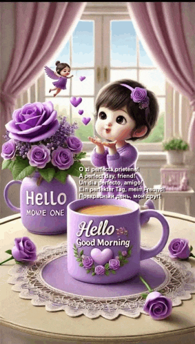 a little girl blowing a kiss next to a cup that says hello