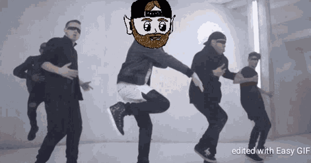 a group of men are dancing in a room with the words edited with easy gif below