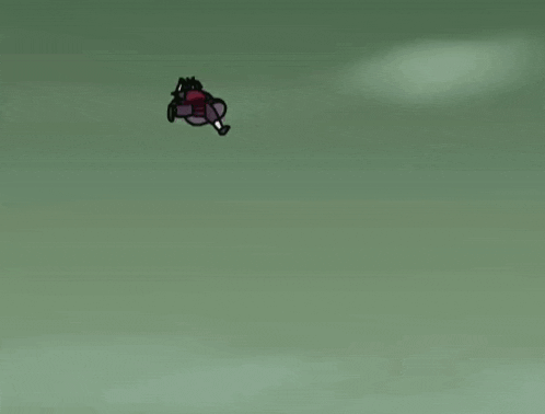 a cartoon of a person flying through the air on a green field .